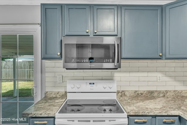 kitchen with stainless steel microwave, backsplash, blue cabinetry, and white electric range oven