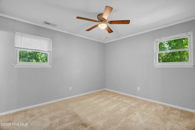 spare room with a wealth of natural light, visible vents, carpet flooring, and baseboards