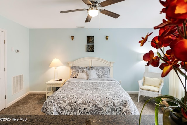 bedroom with baseboards, visible vents, and carpet flooring
