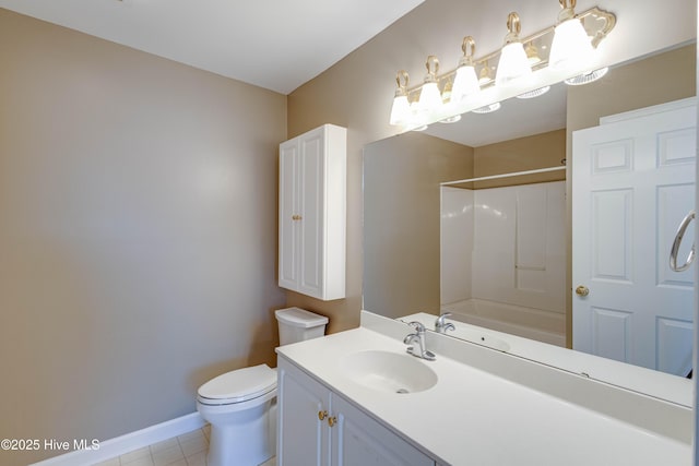 bathroom with toilet, baseboards, tile patterned flooring, and vanity