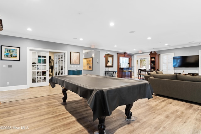 9148 E Lake Rd, Calabash, NC 28467 - game room featuring pool table, french doors, recessed lighting, crown molding, and light wood-style floors