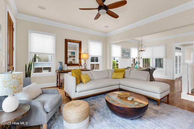 living area with wood finished floors, ceiling fan, healthy amount of natural light, ornamental molding, and a chandelier