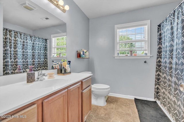 full bath featuring vanity, tile patterned flooring, toilet, and visible vents