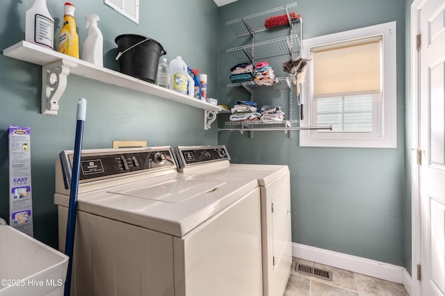 laundry room featuring independent washer and dryer, a sink, visible vents, baseboards, and laundry area