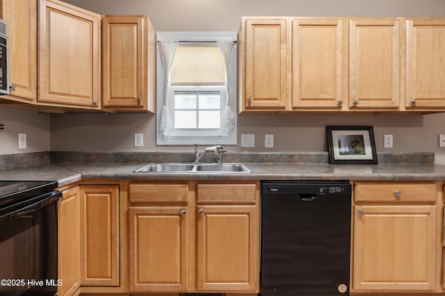kitchen with black appliances, a sink, dark countertops, and light brown cabinets