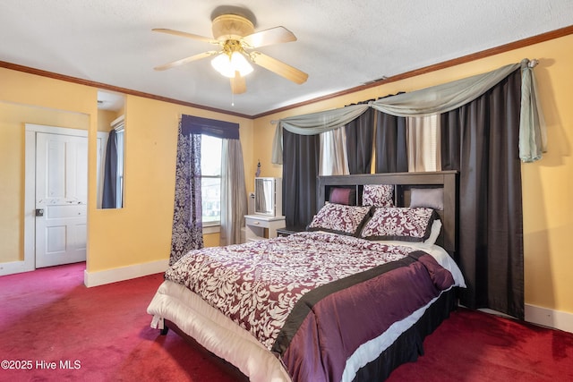 carpeted bedroom with baseboards, ornamental molding, and a ceiling fan