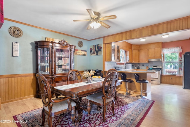 dining area featuring ornamental molding, a wainscoted wall, ceiling fan, and light wood-style flooring