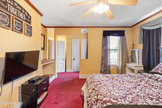 bedroom featuring carpet, a ceiling fan, ornamental molding, and baseboards
