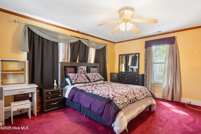 bedroom with ornamental molding, visible vents, carpet, and baseboards
