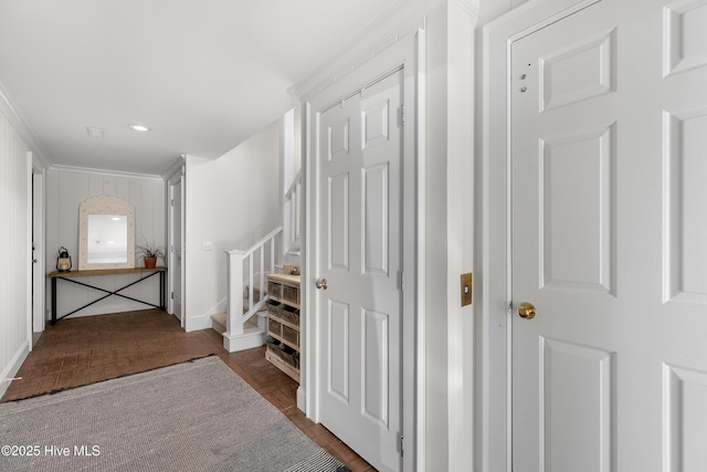 768 S Lumina Ave, Wrightsville Beach, NC 28480 - hall with stairway, crown molding, baseboards, and recessed lighting