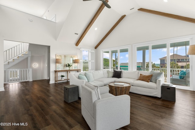 768 S Lumina Ave, Wrightsville Beach, NC 28480 - living area with high vaulted ceiling, stairway, dark wood-type flooring, ceiling fan, and recessed lighting