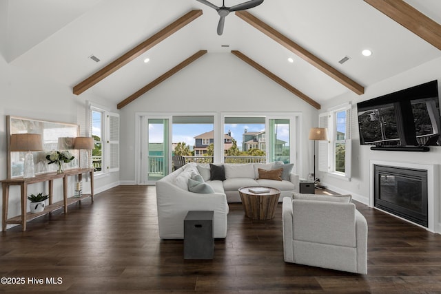 768 S Lumina Ave, Wrightsville Beach, NC 28480 - living room featuring beamed ceiling, high vaulted ceiling, ceiling fan, a glass covered fireplace, and recessed lighting