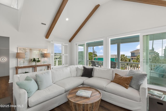 768 S Lumina Ave, Wrightsville Beach, NC 28480 - living room with high vaulted ceiling, beamed ceiling, healthy amount of natural light, wood finished floors, and recessed lighting
