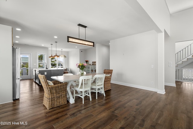 768 S Lumina Ave, Wrightsville Beach, NC 28480 - dining room featuring stairway, recessed lighting, dark wood-style floors, and baseboards
