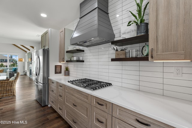 768 S Lumina Ave, Wrightsville Beach, NC 28480 - kitchen featuring stainless steel appliances, open shelves, premium range hood, tasteful backsplash, and dark wood-type flooring