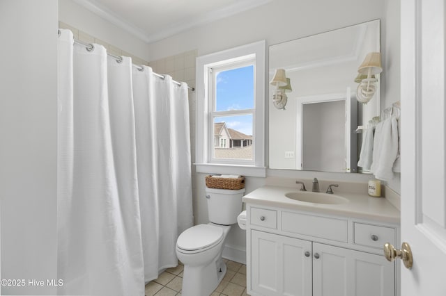 768 S Lumina Ave, Wrightsville Beach, NC 28480 - bathroom with toilet, vanity, tile patterned floors, ornamental molding, and a shower with curtain