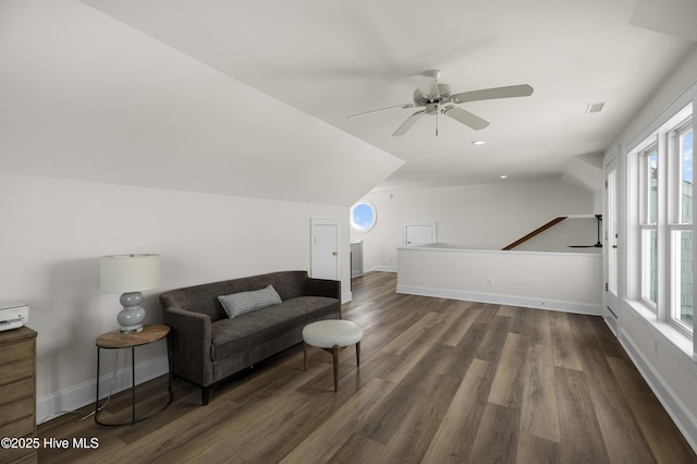 768 S Lumina Ave, Wrightsville Beach, NC 28480 - sitting room featuring lofted ceiling, ceiling fan, dark wood finished floors, baseboards, and recessed lighting