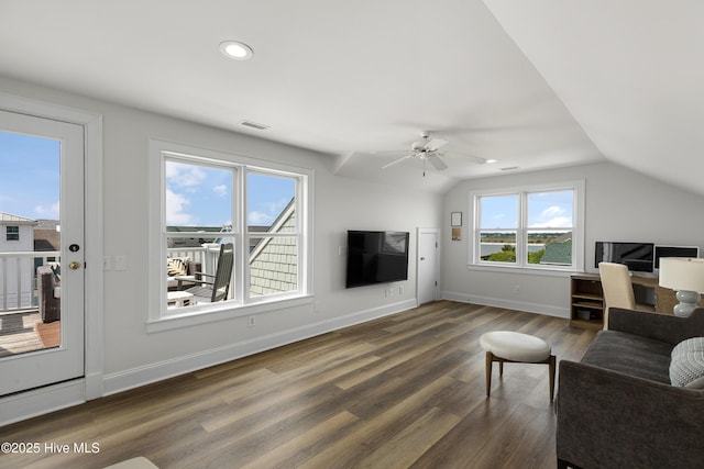 768 S Lumina Ave, Wrightsville Beach, NC 28480 - living room with a ceiling fan, wood finished floors, lofted ceiling, baseboards, and recessed lighting