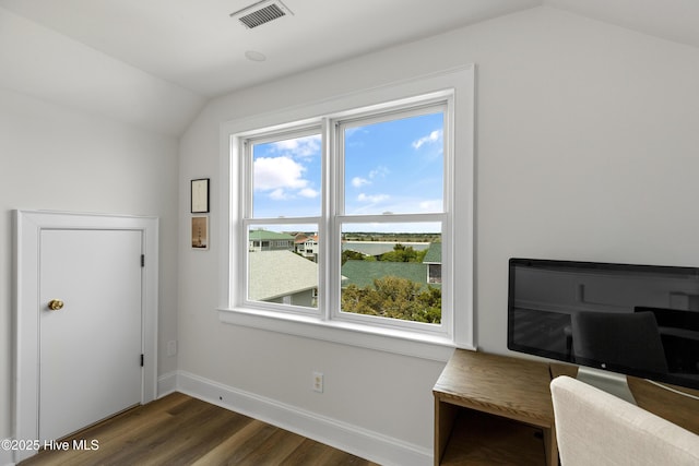 768 S Lumina Ave, Wrightsville Beach, NC 28480 - office with lofted ceiling, dark wood-type flooring, and baseboards
