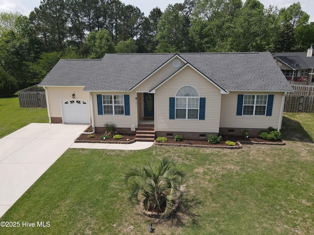 2801 Fletcher Ct, Castle Hayne, NC 28429 - ranch-style home featuring crawl space, driveway, roof with shingles, a garage, and fence