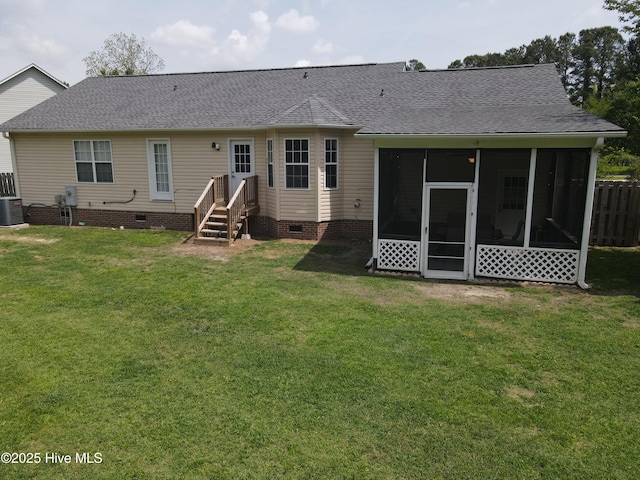 2801 Fletcher Ct, Castle Hayne, NC 28429 - rear view of property featuring central AC, a sunroom, a shingled roof, crawl space, and a yard