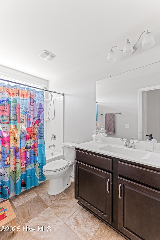 full bath featuring visible vents, vanity, tile patterned floors, toilet, and shower / bathtub combination with curtain