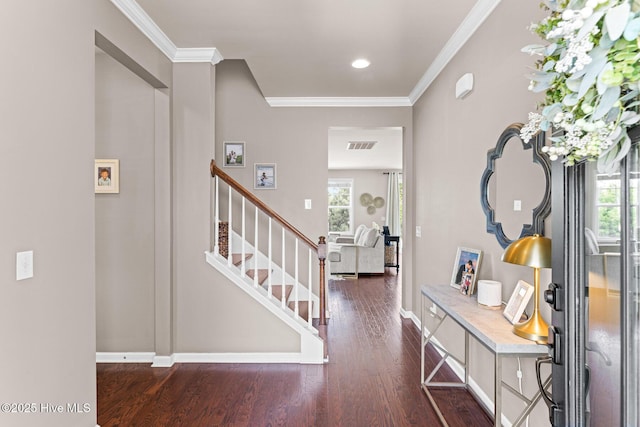 7408 Darius Dr, Wilmington, NC 28411 - entrance foyer with wood finished floors, ornamental molding, stairway, and baseboards