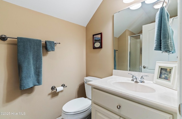 3603 Seafoam Ct, New Bern, NC 28562 - full bathroom with vaulted ceiling, toilet, a shower stall, and vanity