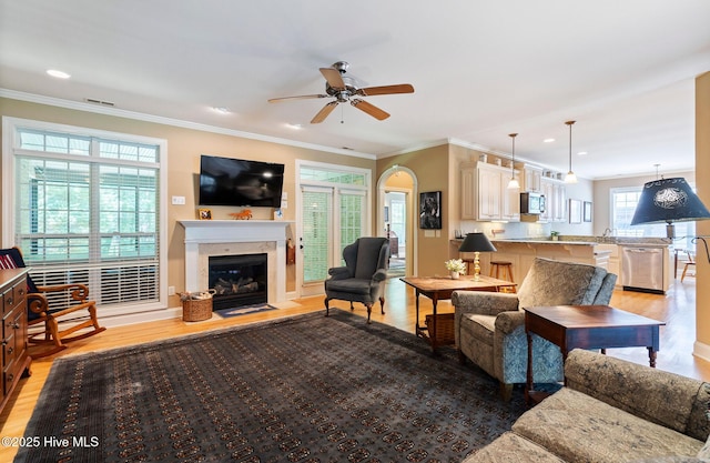 3603 Seafoam Ct, New Bern, NC 28562 - living room with light wood-style flooring, a ceiling fan, a glass covered fireplace, and ornamental molding