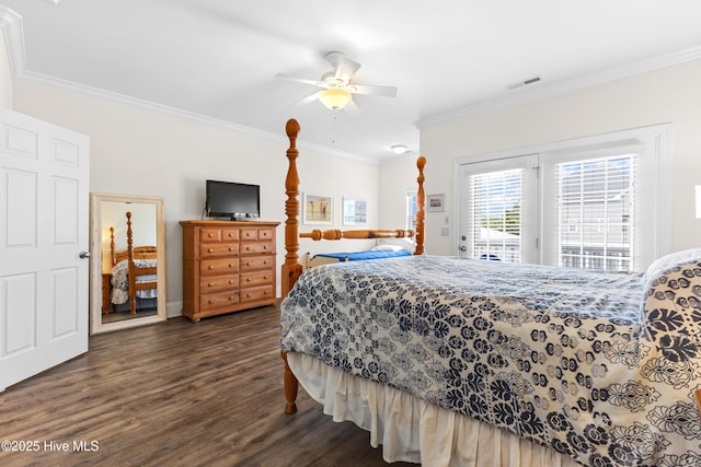 1505 Mackerel Ln Unit 1, Carolina Beach, NC 28428 - bedroom with access to exterior, dark wood-style floors, ornamental molding, baseboards, and a ceiling fan