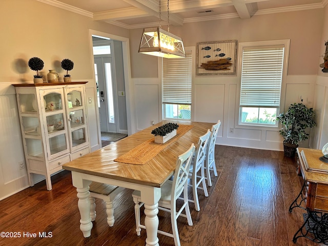 204 Liana Pl, Hubert, NC 28539 - dining area with a decorative wall, dark wood-style flooring, beamed ceiling, crown molding, and healthy amount of natural light