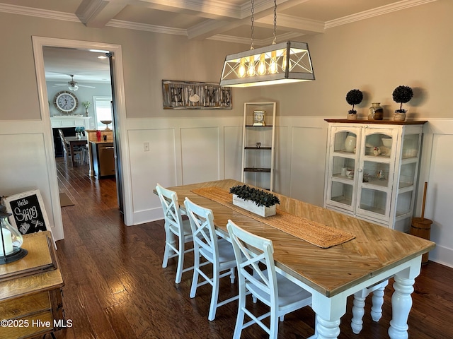 204 Liana Pl, Hubert, NC 28539 - dining space with ceiling fan, ornamental molding, beamed ceiling, dark wood-style flooring, and wainscoting