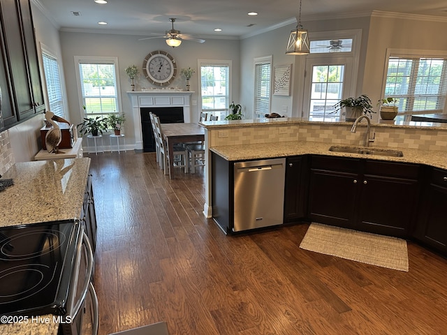 204 Liana Pl, Hubert, NC 28539 - kitchen featuring a sink, range with electric cooktop, ceiling fan, dark wood finished floors, and backsplash