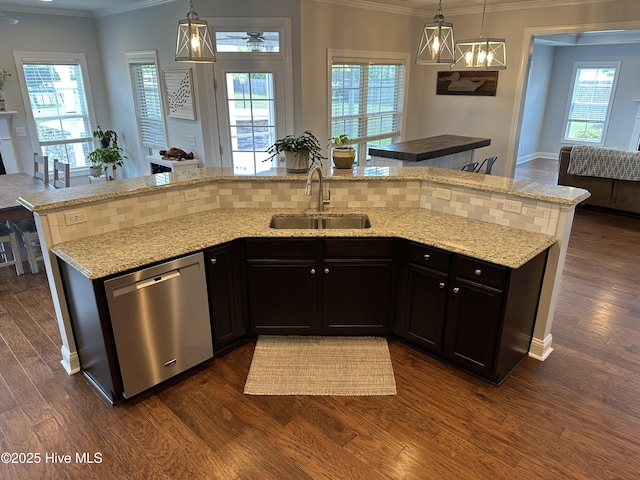 204 Liana Pl, Hubert, NC 28539 - kitchen featuring dishwasher, a sink, ornamental molding, dark wood-type flooring, and light stone counters