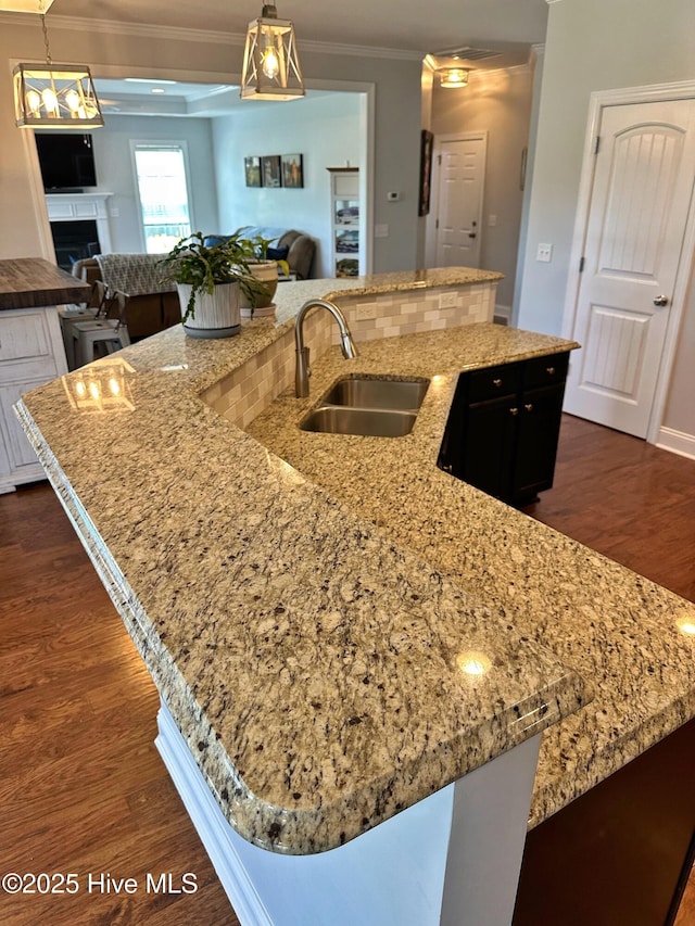 204 Liana Pl, Hubert, NC 28539 - kitchen with a sink, open floor plan, ornamental molding, dark wood-style floors, and light stone counters