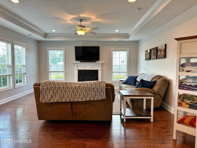 204 Liana Pl, Hubert, NC 28539 - living area with a raised ceiling, healthy amount of natural light, crown molding, dark wood-style floors, and recessed lighting
