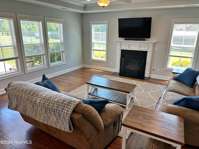 204 Liana Pl, Hubert, NC 28539 - living area with wood finished floors, baseboards, a fireplace with flush hearth, crown molding, and ceiling fan