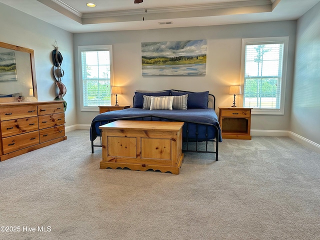 204 Liana Pl, Hubert, NC 28539 - carpeted bedroom featuring a tray ceiling, crown molding, multiple windows, baseboards, and ceiling fan