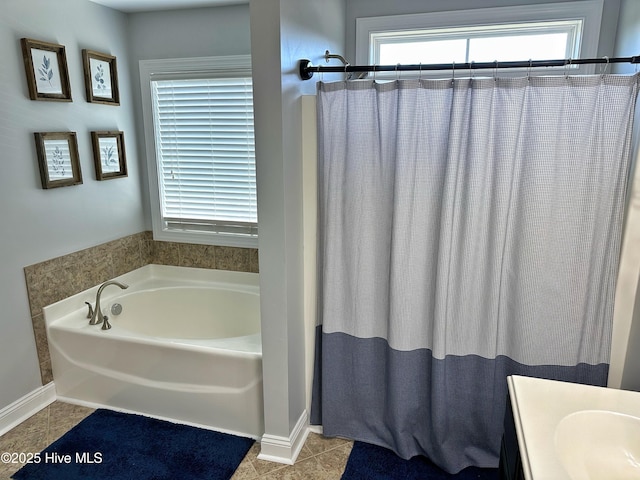 204 Liana Pl, Hubert, NC 28539 - full bathroom with a bath, tile patterned floors, baseboards, and a shower with curtain