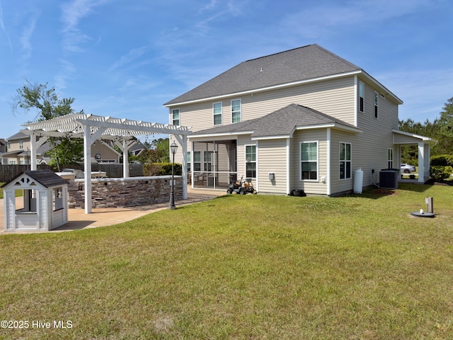 204 Liana Pl, Hubert, NC 28539 - rear view of property with a pergola, a sunroom, central air condition unit, a patio area, and roof with shingles