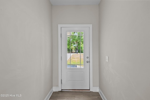 entryway with baseboards and wood finished floors