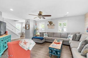 124 NE 15th St, Oak Island, NC 28465 - living room with a ceiling fan, stairway, recessed lighting, and wood finished floors