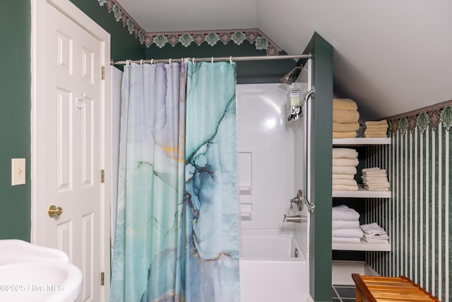 505 N Broad St, Edenton, NC 27932 - full bathroom with vaulted ceiling, shower / bath combo, and a sink
