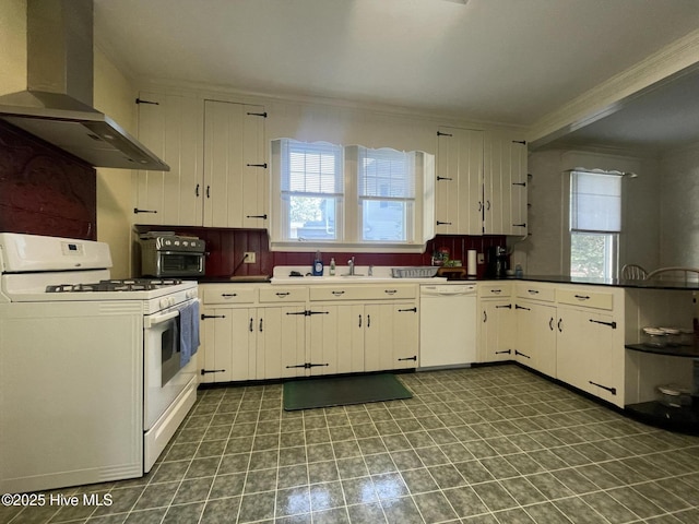 505 N Broad St, Edenton, NC 27932 - kitchen featuring white appliances, wall chimney exhaust hood, ornamental molding, plenty of natural light, and a sink