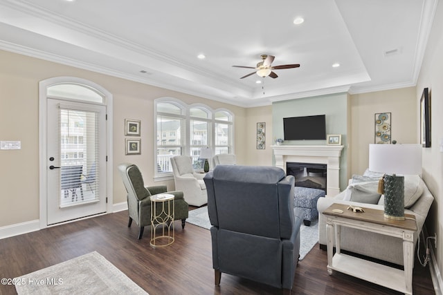 living area with a wealth of natural light, a raised ceiling, ceiling fan, and dark wood-type flooring