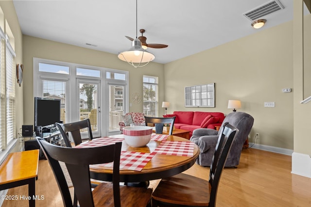 dining area with visible vents, ceiling fan, light wood-style flooring, and baseboards