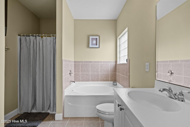 full bathroom with a shower with shower curtain, toilet, a garden tub, vanity, and tile patterned flooring