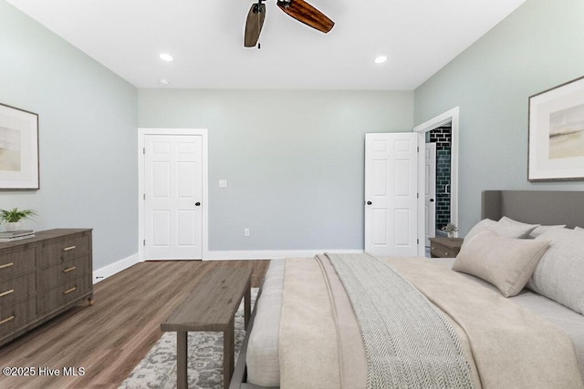1104 Soundside Rd, Edenton, NC 27932 - bedroom with recessed lighting, baseboards, a ceiling fan, and wood finished floors