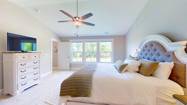 bedroom featuring light carpet, visible vents, baseboards, ceiling fan, and vaulted ceiling