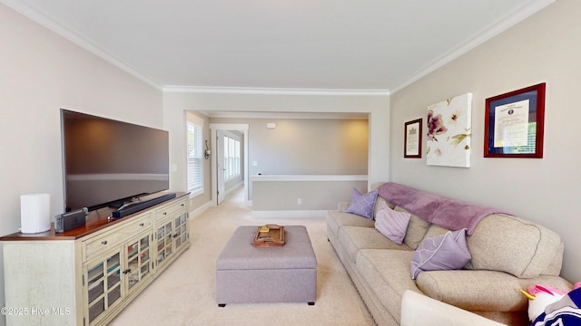 living area featuring crown molding and light colored carpet